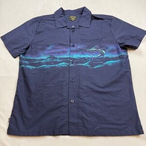 Dark Seas Division Mens Large Navy Blue Marlin Fishing Graphic Button Down Shirt